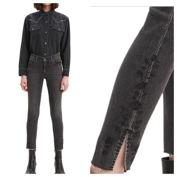 NEW Levis Jeans 711 Skinny Ankle Sculpt Frey Hem Embroidered Black Size 10 - Picture 1 of 8